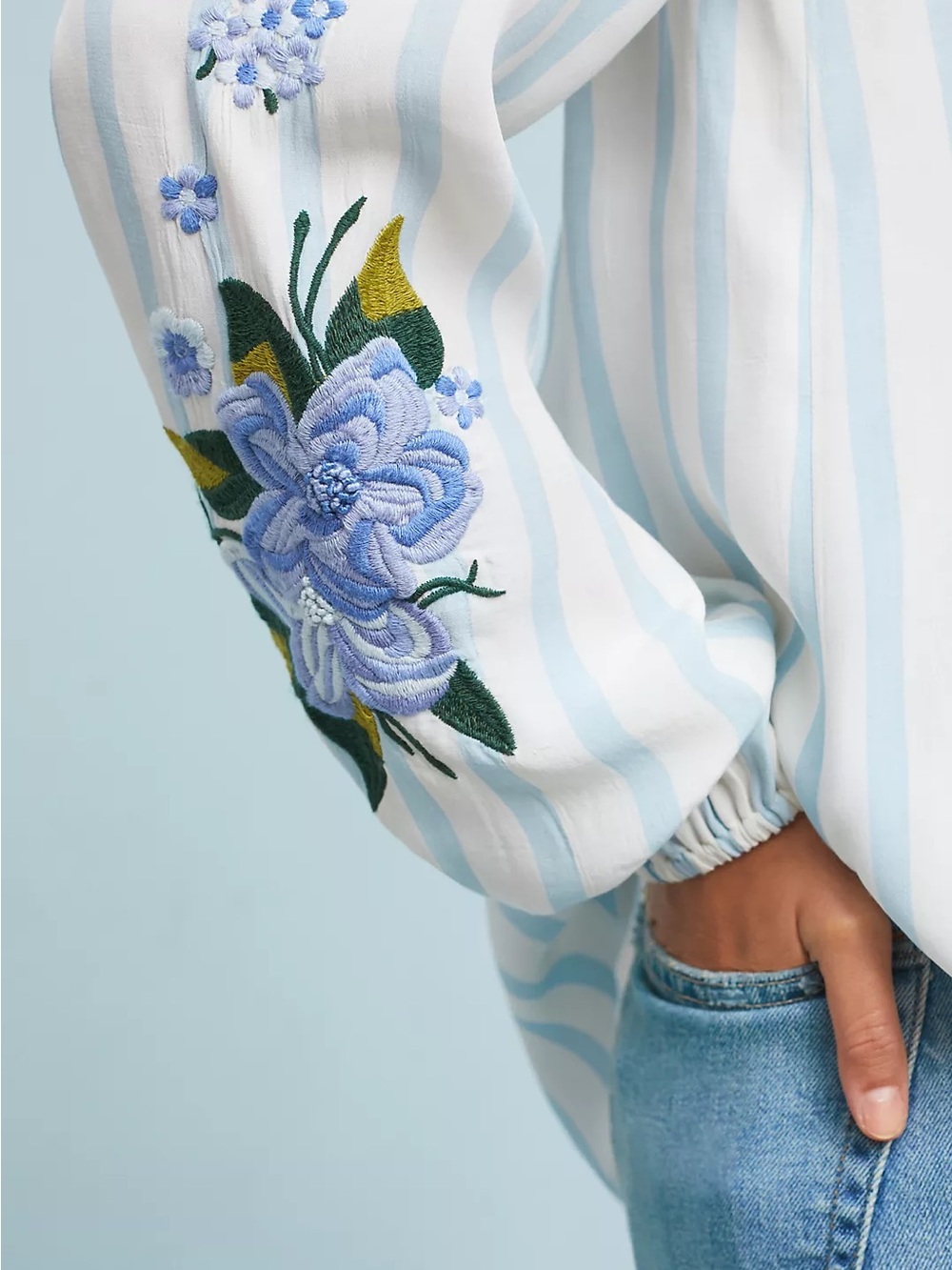 Anthropologie Embroidered & Striped Blouse Sz M Boho Cottagecore Nature Relaxed - Picture 3 of 11